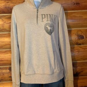 Victoria's Secret PINK Half Zip Heather Beige Tan Pullover Sweatshirt Sm…